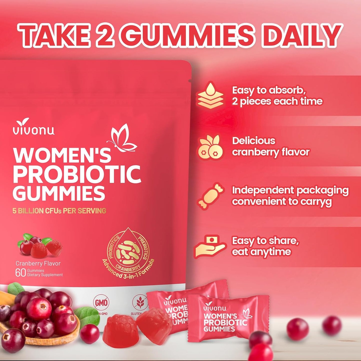 Feminine Balance Probiotic Gummies – Vegan & Halal Formula for Yeast & pH Support | with Cranberry, 60 Gummies