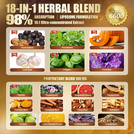 18-in-1 Premium Herbal Blend Capsules, Supports Cleanse, Wormwood Black Walnut Clove Cleanse for Humans, 6600mg Serving