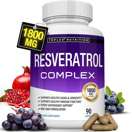 Resveratrol Supplement 1800 mg Antioxidant Complex - Overall Health Support,  Brain Function, for Men Women, 90 Capsules