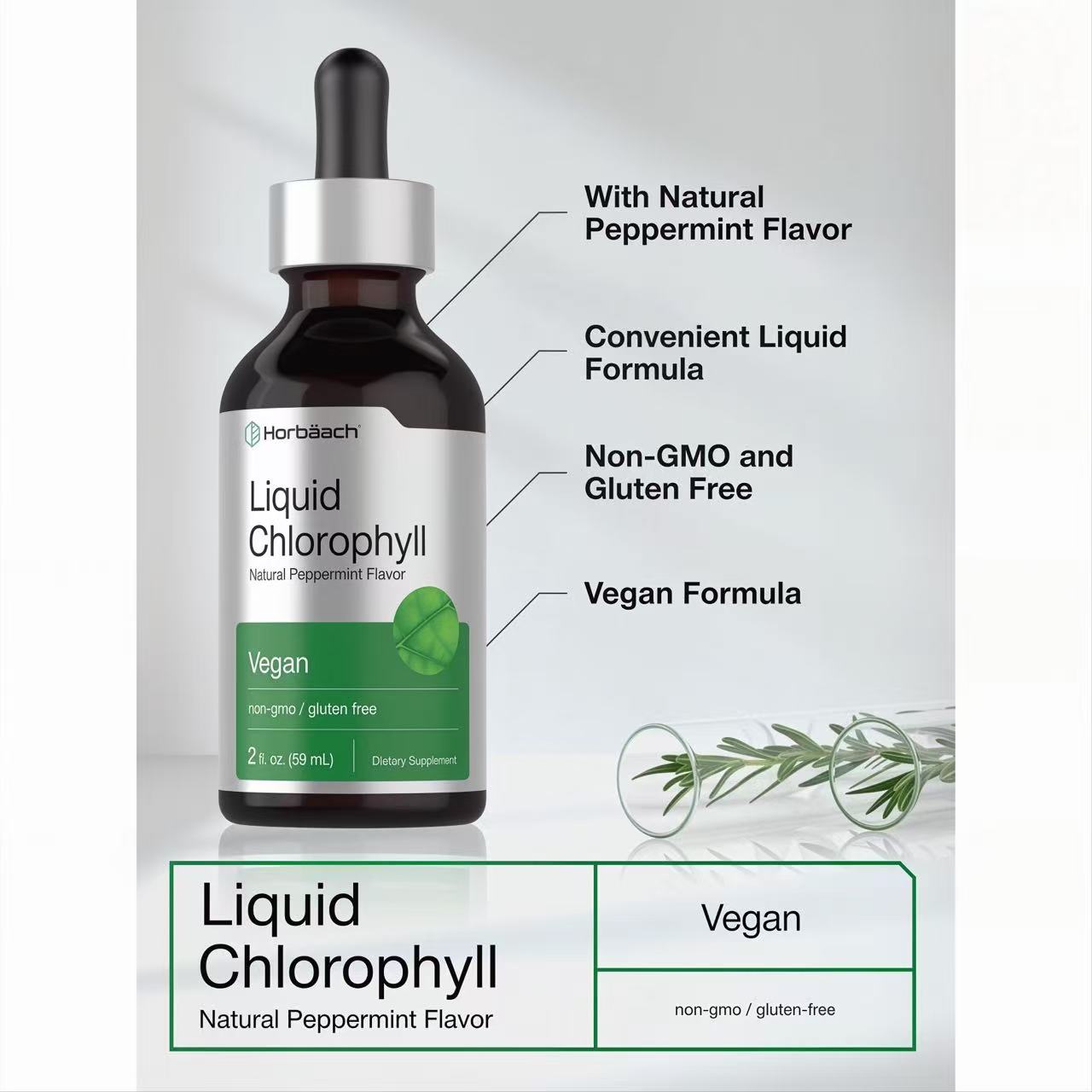 Liquid Chlorophyll Drops 2 oz Vegan, Non-GMO, and Gluten Free Formula | Natural Peppermint Flavor