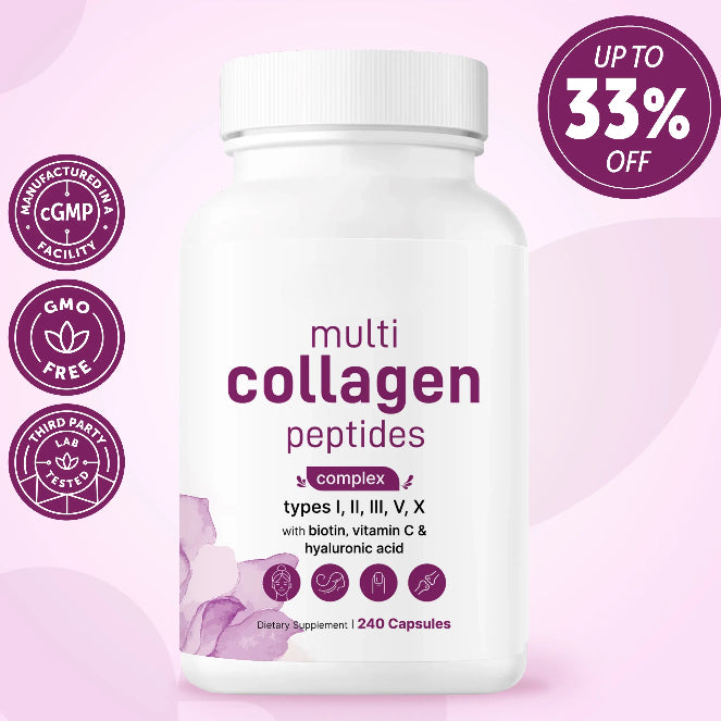 Multi Collagen Pills for Women & Men, 240 Capsules | Type I, II, III, V, X | Non-GMO, Filler Free