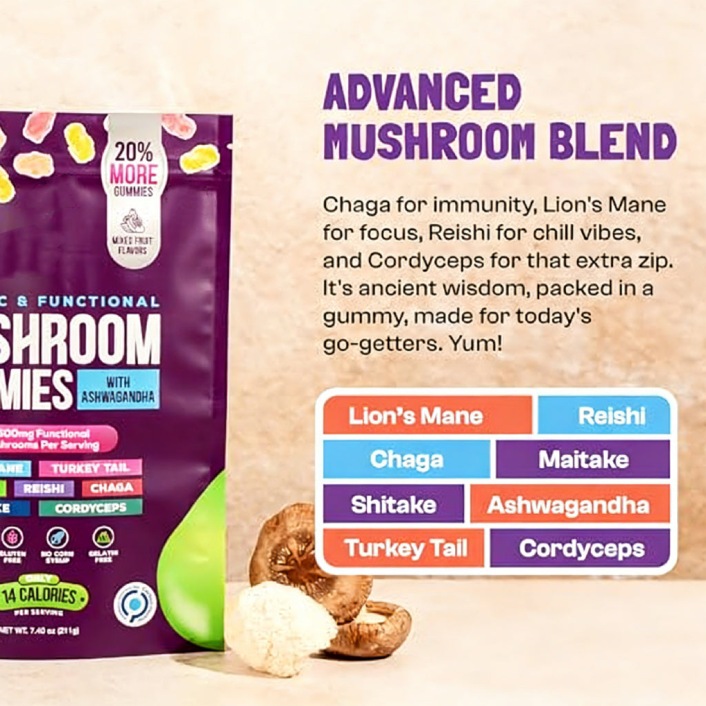 Organic Mushroom Gummies -Lions Mane Mushroom Supplement Gummies- Immune Defense, Boosts Cognitive Performance - 80 Gummies