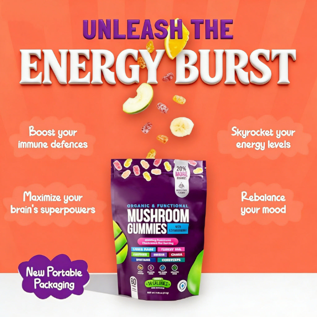 Organic Mushroom Gummies -Lions Mane Mushroom Supplement Gummies- Immune Defense, Boosts Cognitive Performance - 80 Gummies