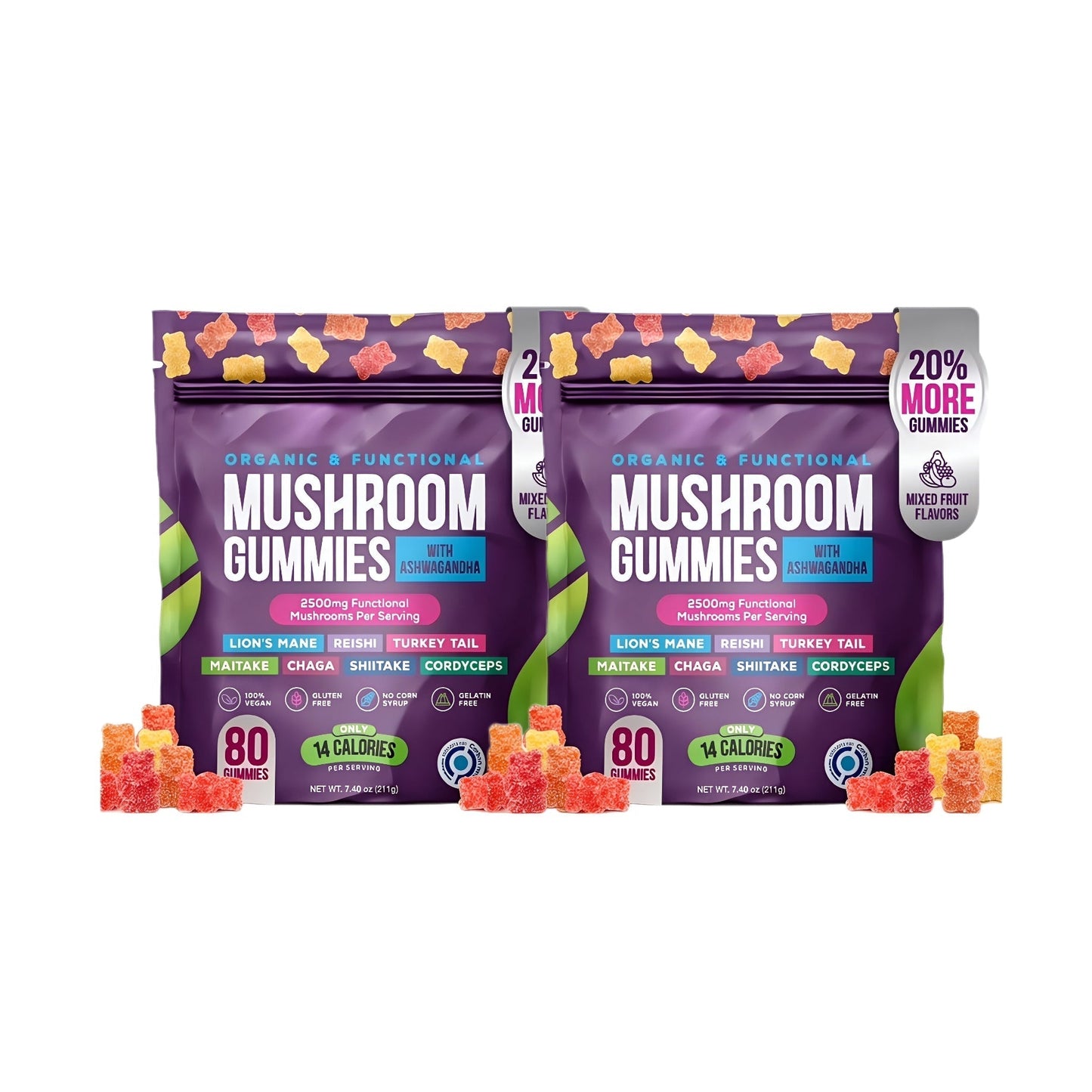 Organic Mushroom Gummies -Lions Mane Mushroom Supplement Gummies- Immune Defense, Boosts Cognitive Performance - 80 Gummies