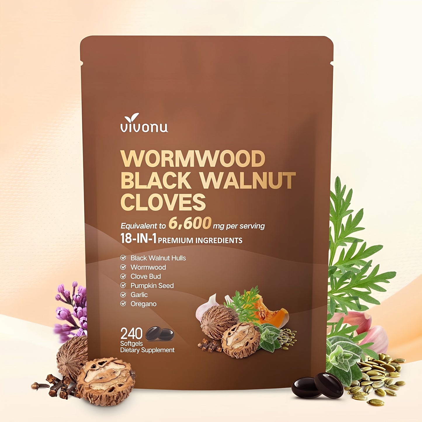18-in-1 Premium Herbal Blend Capsules, Supports Cleanse, Wormwood Black Walnut Clove Cleanse for Humans, 6600mg Serving