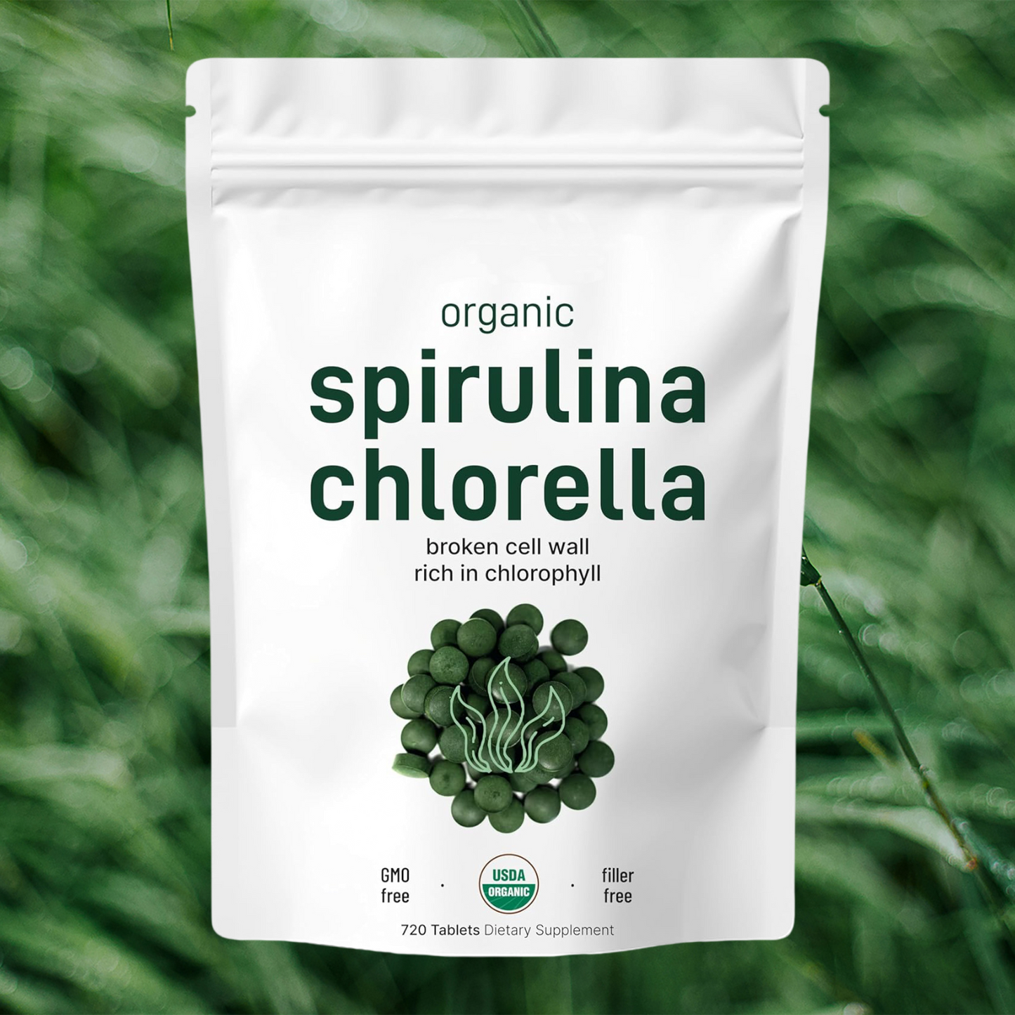 Organic Chlorella Spirulina Tablets, 3000mg Per Serving, 720 Counts, 4 Months Supply, 50/50 Blend Superfood