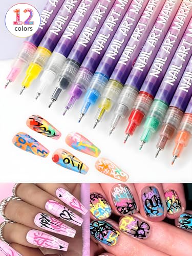 3D Nail Art Pens Set | 12 Vibrant Colors Fine Tip 0.5mm | Quick-Dry Liner & Dotting Tools for  Home