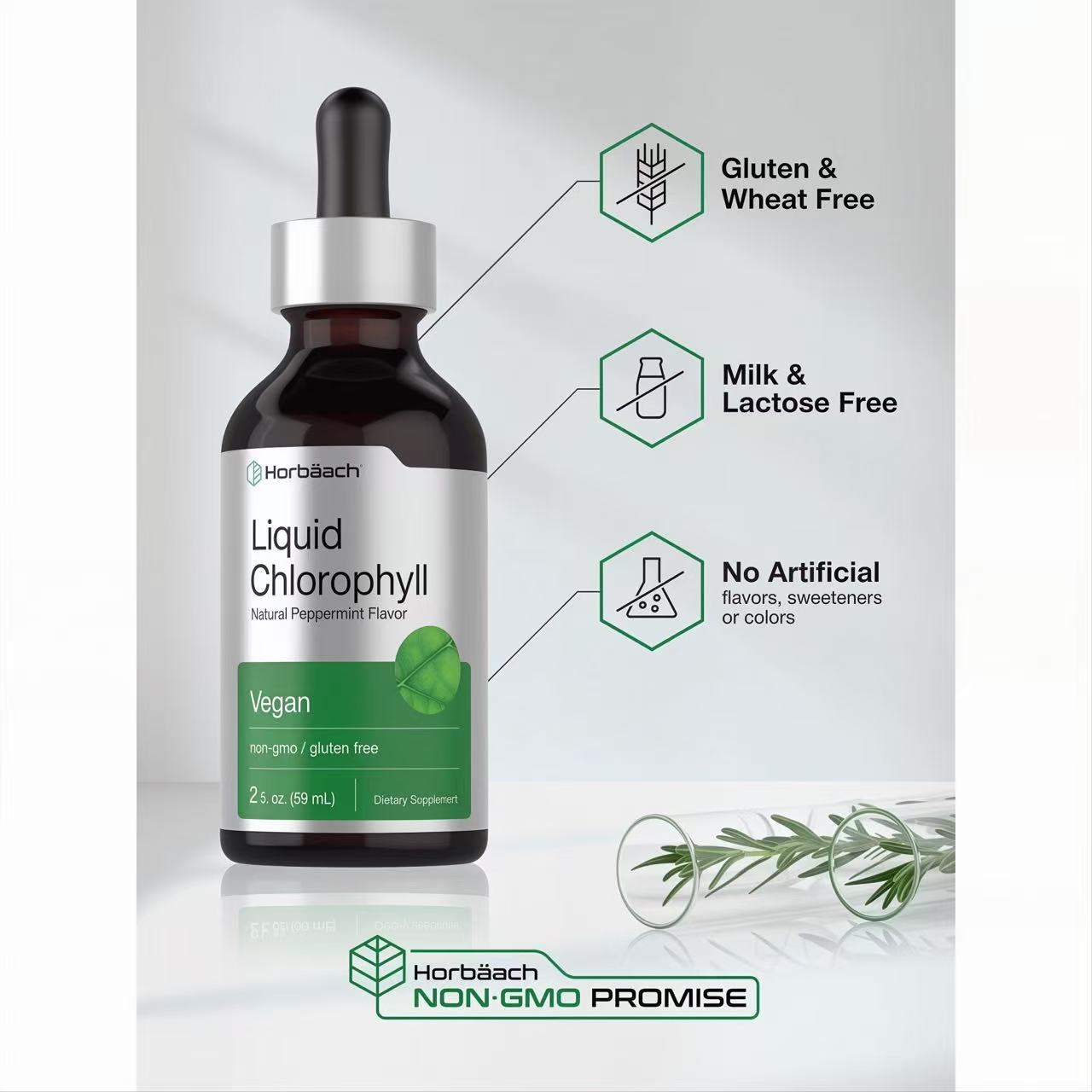 Liquid Chlorophyll Drops 2 oz Vegan, Non-GMO, and Gluten Free Formula | Natural Peppermint Flavor