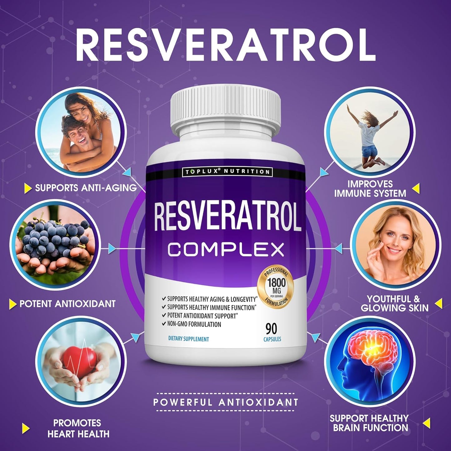 Resveratrol Supplement 1800 mg Antioxidant Complex - Overall Health Support,  Brain Function, for Men Women, 90 Capsules