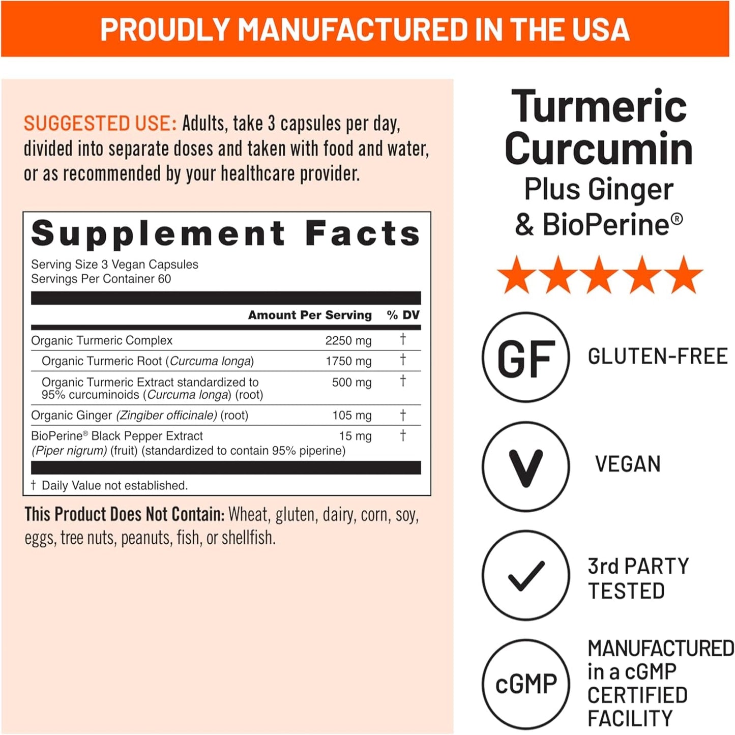 Extra Strength Turmeric Curcumin 2250mg- 500mg Curcuminoids for Immune Support - Vegan, Non-GMO