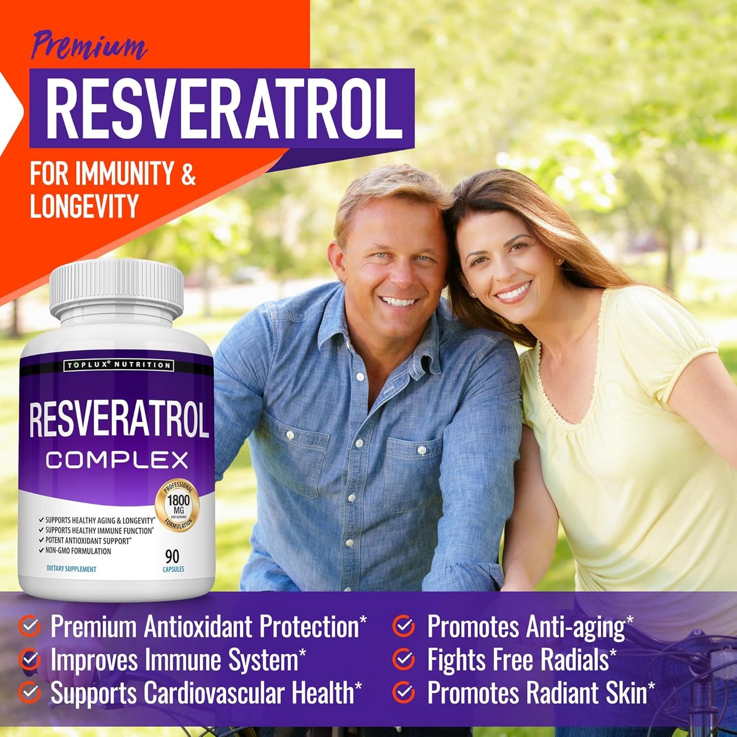 Resveratrol Supplement 1800 mg Antioxidant Complex - Overall Health Support,  Brain Function, for Men Women, 90 Capsules