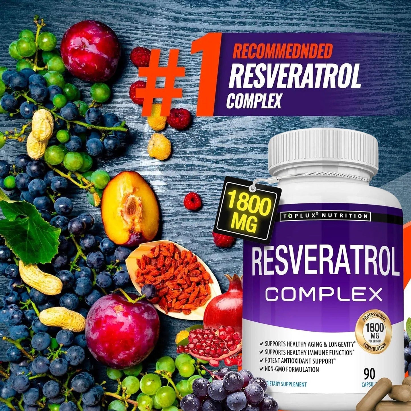 Resveratrol Supplement 1800 mg Antioxidant Complex - Overall Health Support,  Brain Function, for Men Women, 90 Capsules