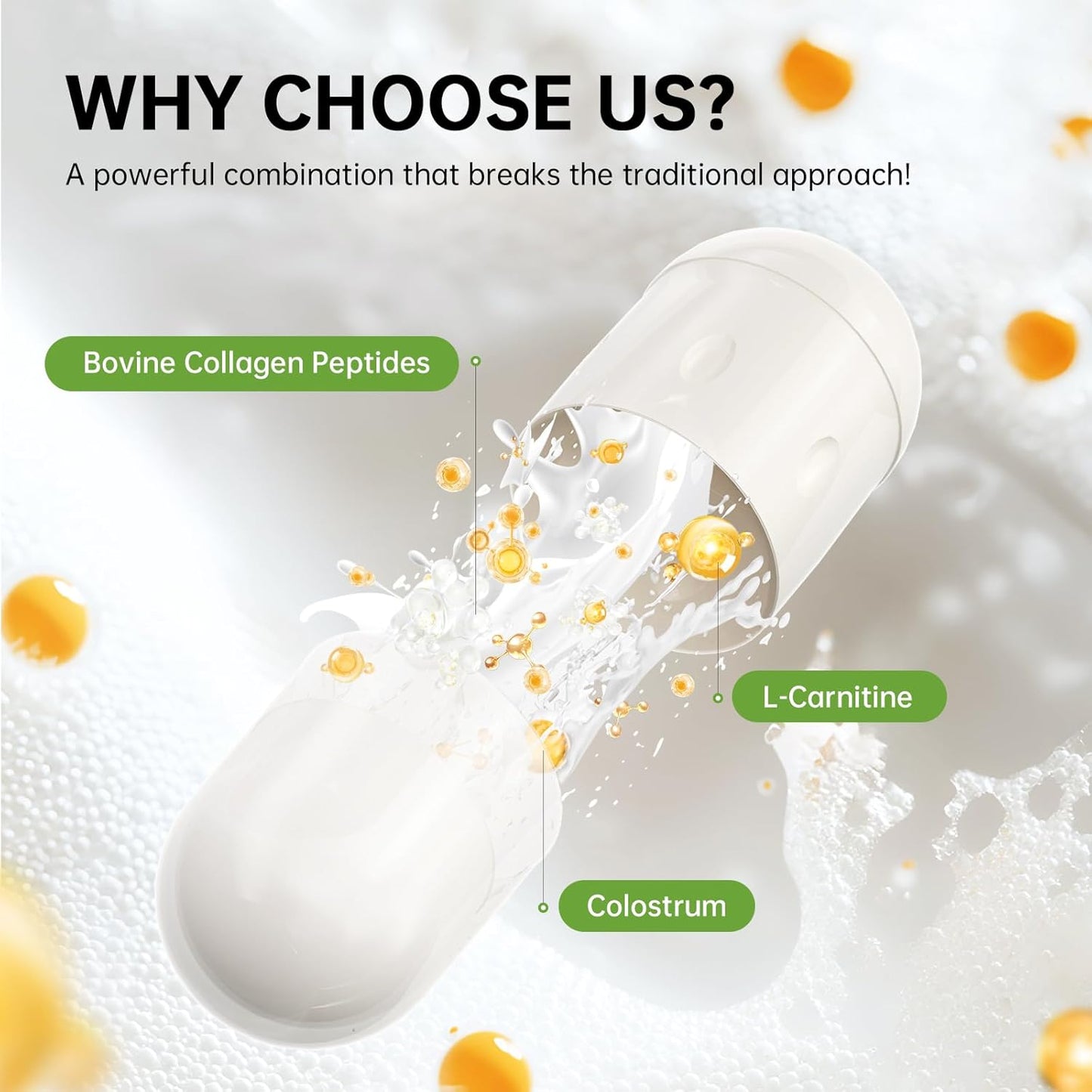 Living Collagen L-Carnitine Complex Supplement, Grass Fed Bovine Collagen Peptides, Non-GMO, 60 Capsules