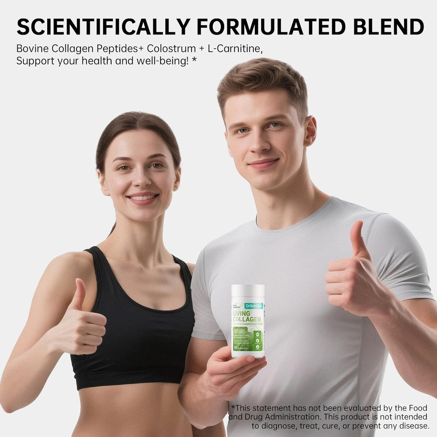 Living Collagen L-Carnitine Complex Supplement, Grass Fed Bovine Collagen Peptides, Non-GMO, 60 Capsules