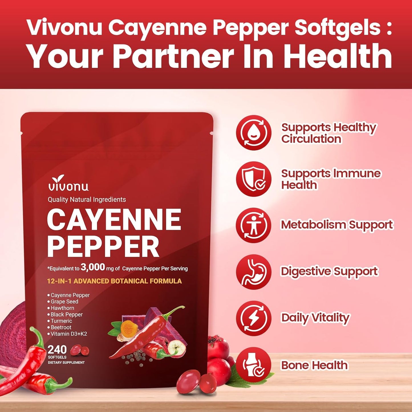 Nature’s Wellness Cayenne Pepper Heart & Vessel Support – Full Spectrum Formula with Vitamins & Botanicals, 240 Capsules