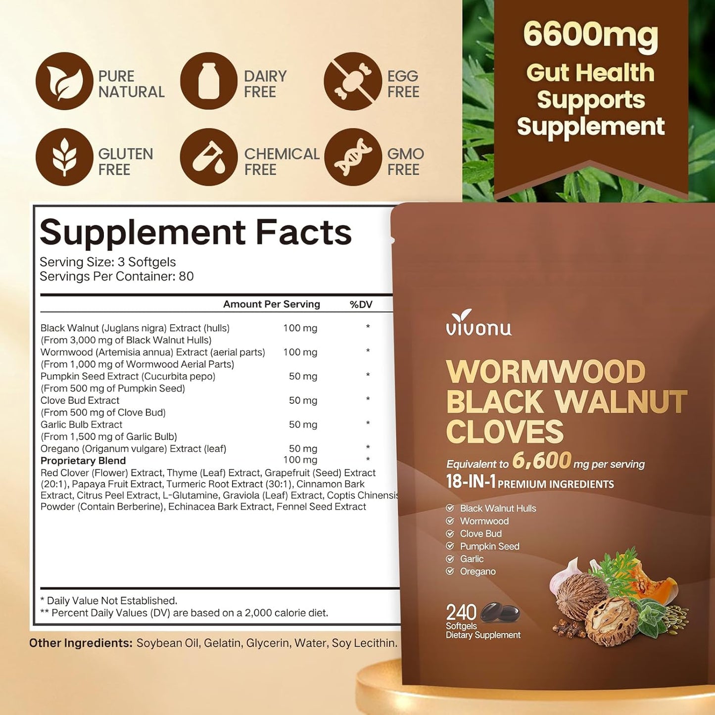 18-in-1 Premium Herbal Blend Capsules, Supports Cleanse, Wormwood Black Walnut Clove Cleanse for Humans, 6600mg Serving