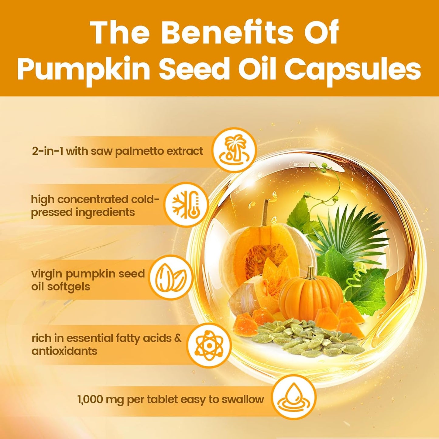 Cold Pressed Pumpkin Seed Oil & Saw Palmetto Softgels - 300 Count | Hair Growth, Prostate, Urinary & Bladder Support | Non-GMO Pure Virgin Oil