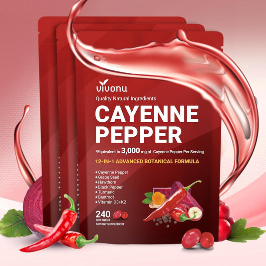 Cayenne Pepper Softgels Supplement, Supports Leg Vein, Heart and Blood Vessel Health, with Vitamin E D3+K2 and Beetrootand Others(3PACKS)