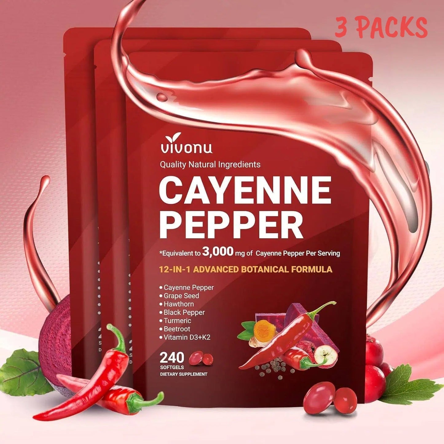 Cayenne Pepper Softgels Supplement, Supports Leg Vein, Heart and Blood Vessel Health, with Vitamin E D3+K2 and Beetrootand Others(3PACKS)