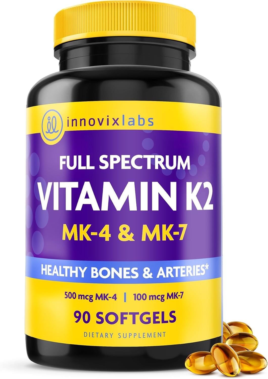 InnovixLabs Full Spectrum Vitamin K2-90 Softgels with 600 mcg of Trans Form MK7 and MK4 - Supports General Health and Bone Strength - Soy and Gluten Free K2 Vitamin Supplement