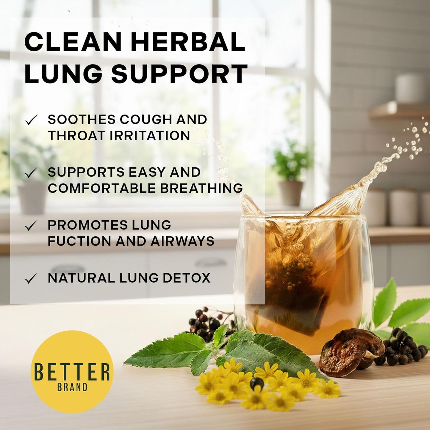 Mullein Tea Bags for Lung Detox - Respiratory Support with Thyme, Elderberry, Ginseng, Ginger, Caffeine Free  - 15 Tea Bags (1PC)