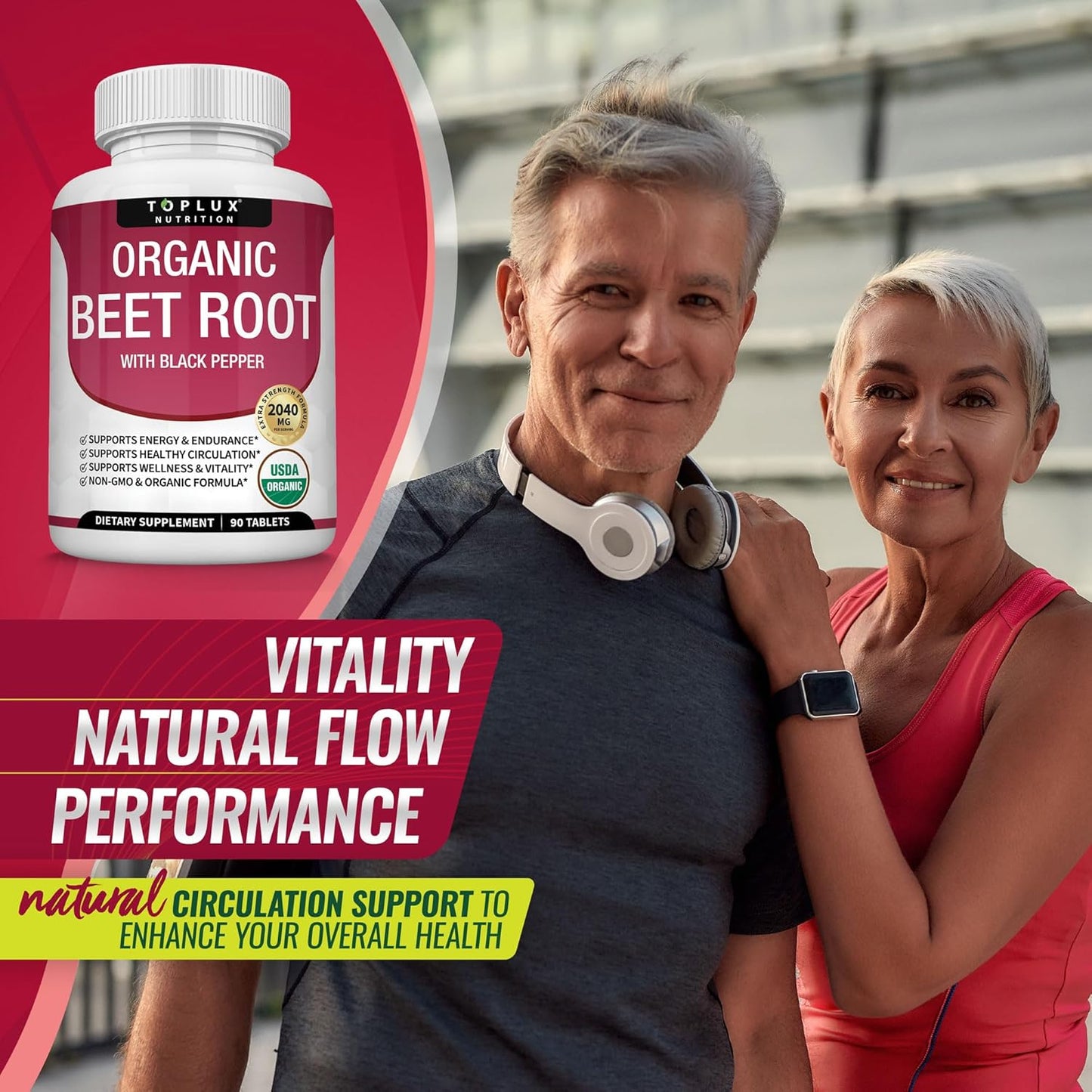 Toplux Organic Beet Root Powder Tablets - 2040mg Natural Nitric Oxide Beets to Support