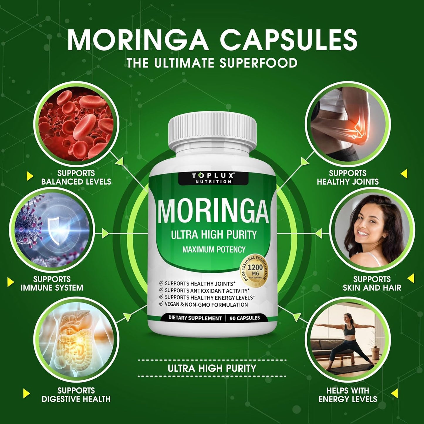 Moringa Capsules 1200mg – Pure Oleifera Leaf Superfood for Immune & Skin Health | Vegan, Non-GMO | 90 Capsules