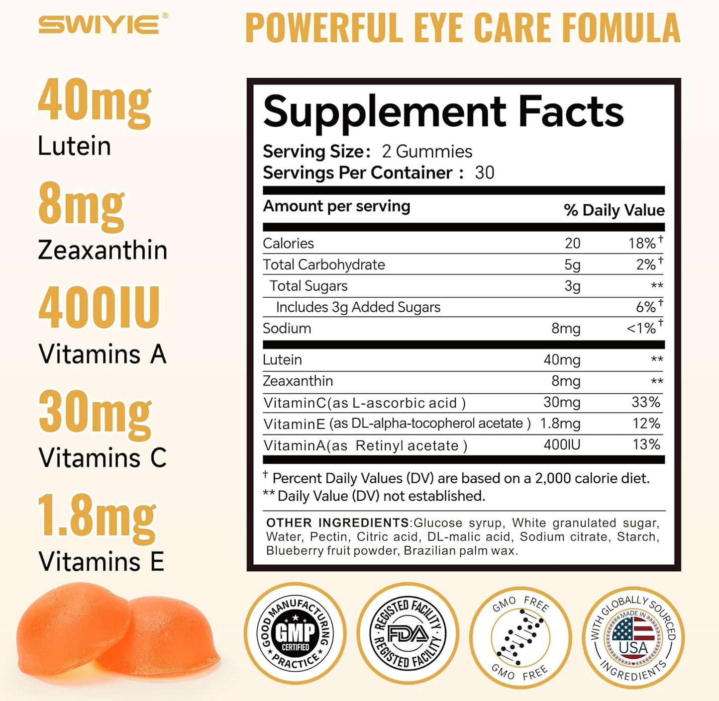 Lutein Gummies for Eye Health – Vision Support Eye Vitamins, Blueberry Flavor, 60 Gummies