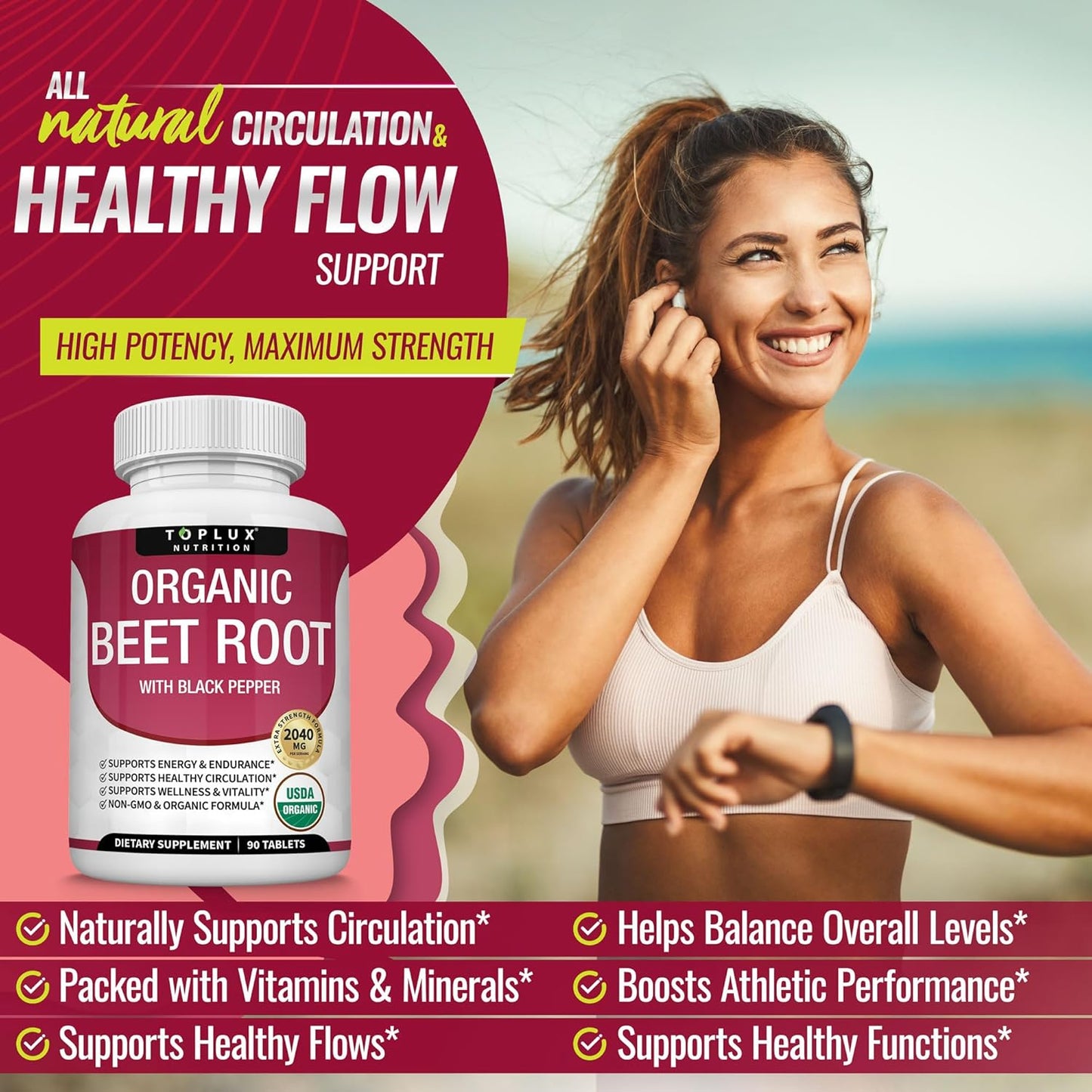 Toplux Organic Beet Root Powder Tablets - 2040mg Natural Nitric Oxide Beets to Support