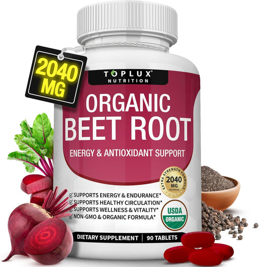 Toplux Organic Beet Root Powder Tablets - 2040mg Natural Nitric Oxide Beets to Support