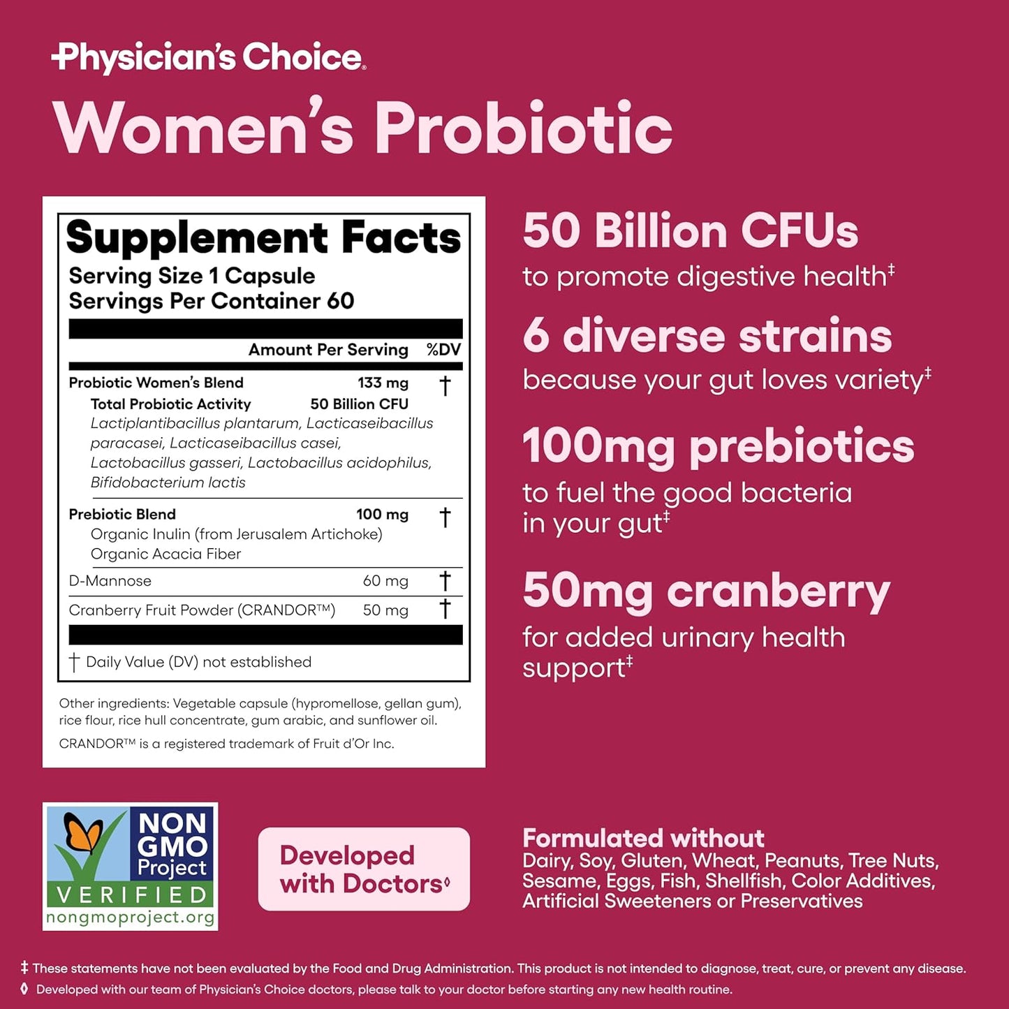 PH Balance, Digestive, UT, & Feminine Health - 50 Billion CFU - 6 Unique Strains for Women - Organic Prebiotics, Cranberry Extract+ - Probiotic - 60 CT