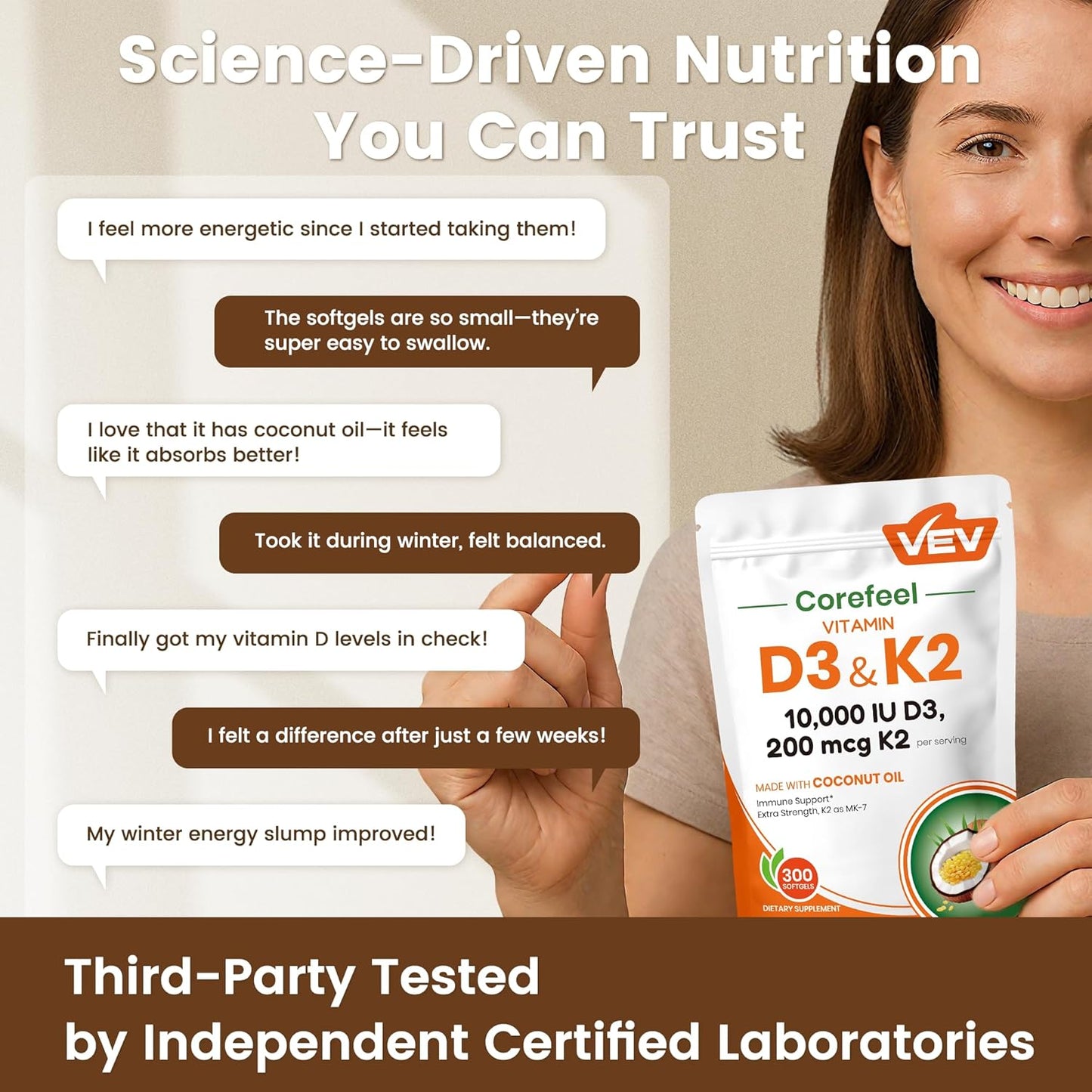 D3 + K2 MK-7 300 Softgels – High-Potency Bone & Cardiovascular Support with Coconut Oil