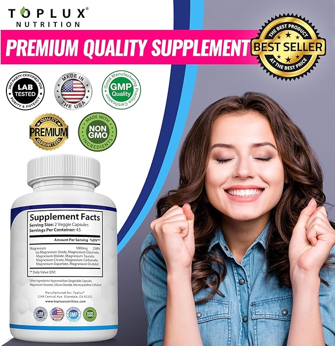 High-Absorption Magnesium Complex | 1000mg with Glycinate, Citrate, Malate for Bone, Muscle & Energy Support | Vegan, 90 Capsules