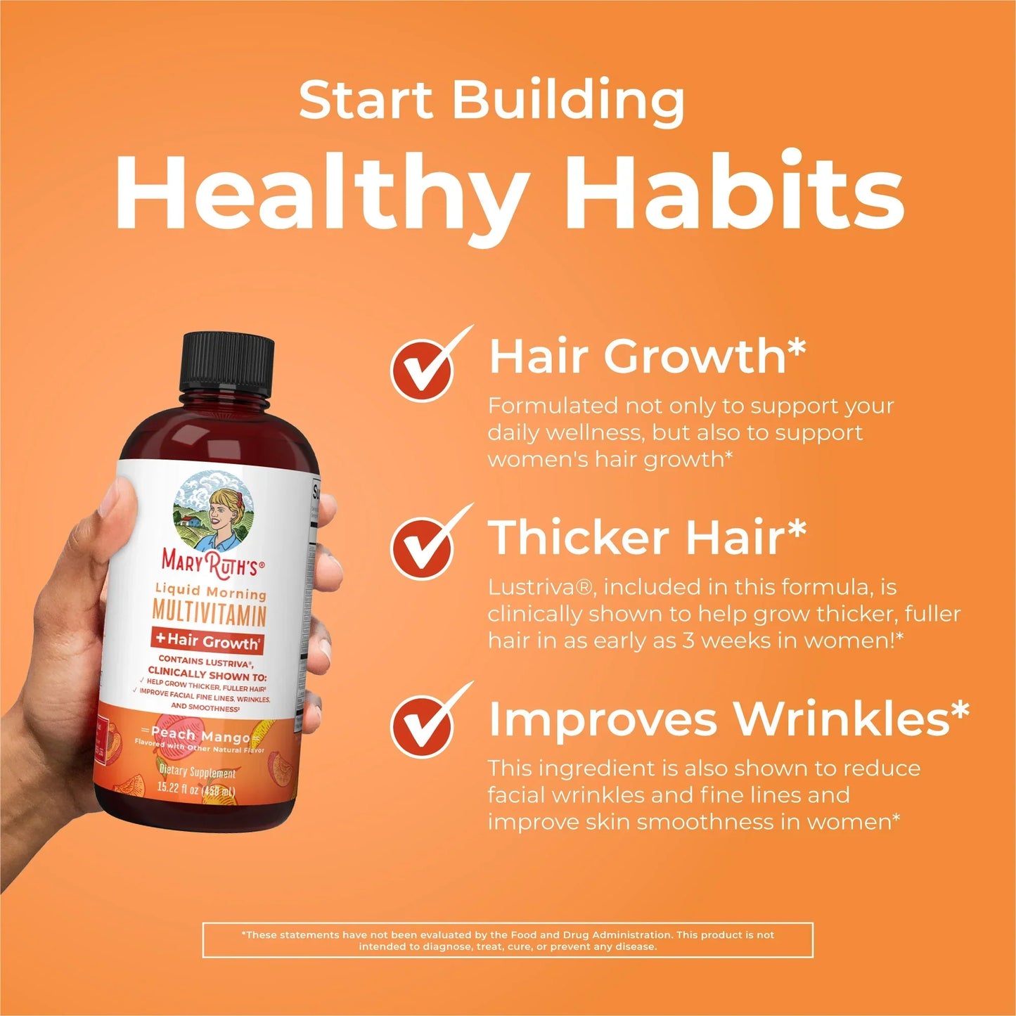 Liquid Multivitamin+Hair Growth | Clinically Tested for Thicker Hair & Facial Wrinkles in Women |  Lustriva Hair Growth Supplement | Peach Mango 15 Fl Oz