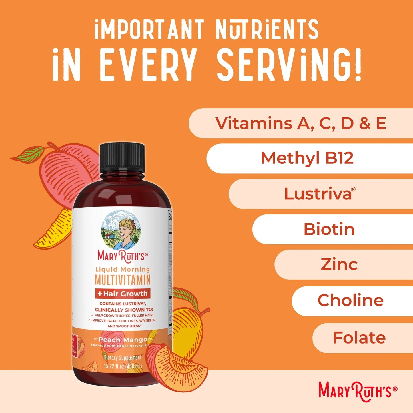 Liquid Multivitamin+Hair Growth | Clinically Tested for Thicker Hair & Facial Wrinkles in Women |  Lustriva Hair Growth Supplement | Peach Mango 15 Fl Oz