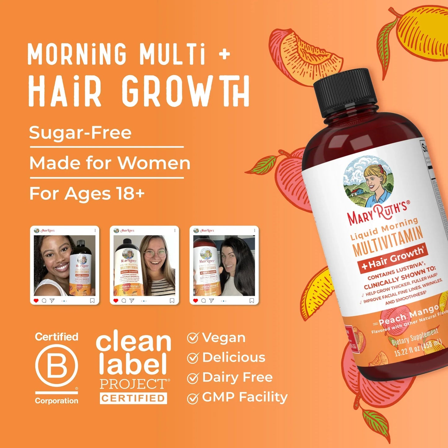Liquid Multivitamin+Hair Growth | Clinically Tested for Thicker Hair & Facial Wrinkles in Women |  Lustriva Hair Growth Supplement | Peach Mango 15 Fl Oz