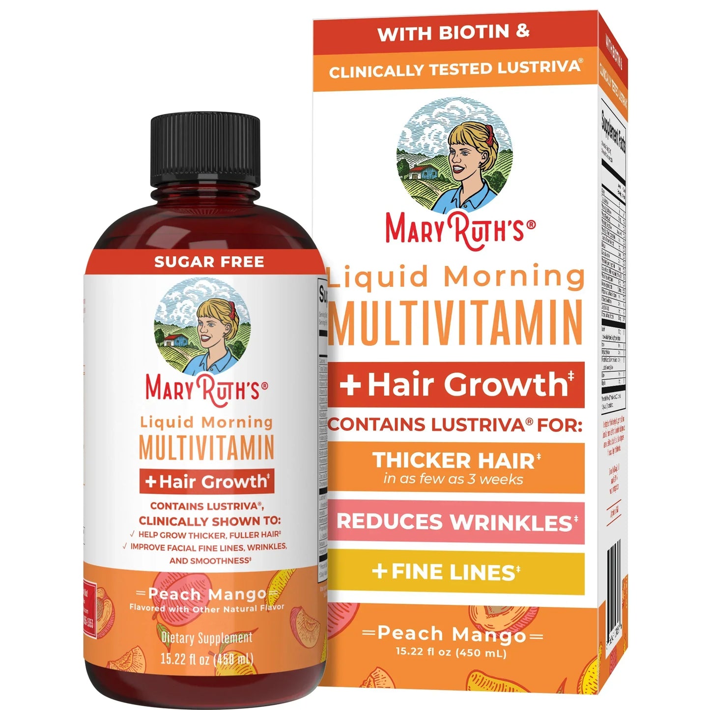 Liquid Multivitamin+Hair Growth | Clinically Tested for Thicker Hair & Facial Wrinkles in Women |  Lustriva Hair Growth Supplement | Peach Mango 15 Fl Oz