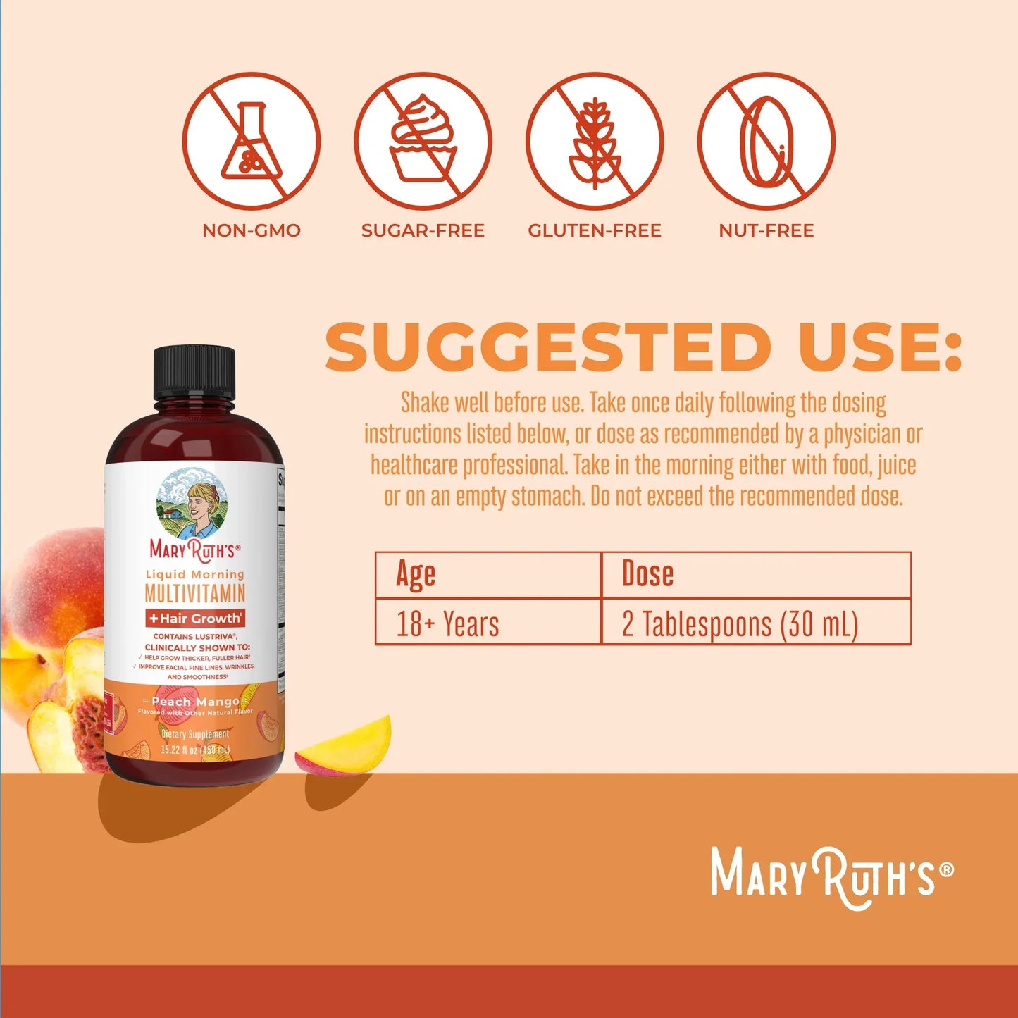 Liquid Multivitamin+Hair Growth | Clinically Tested for Thicker Hair & Facial Wrinkles in Women |  Lustriva Hair Growth Supplement | Peach Mango 15 Fl Oz