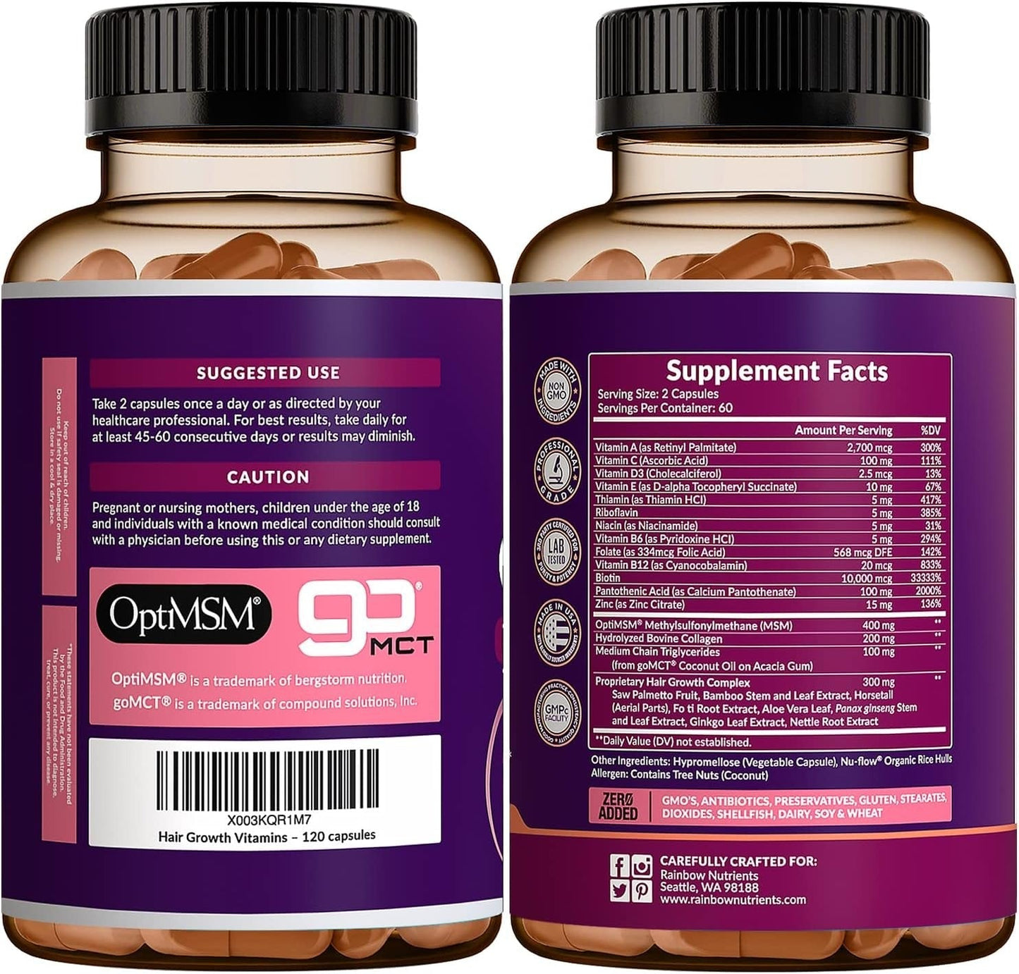Rainbow Nutrients Hair Growth Formula Collagen & Biotin Complex for Healthy Hair, Skin & Nails from Within
